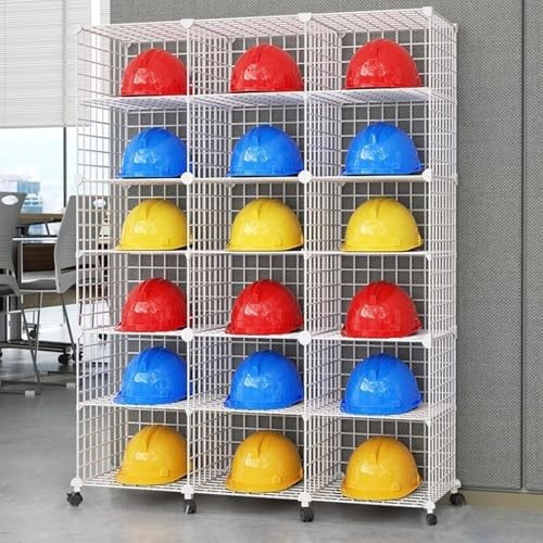 NZVZGKTNTW Large Safety Helmet Storage Holder, Adjustable & Stackable Display Cage For Retail Store, Workshop, Coal Mine Modular Shelves(White,18 Grids(111x37x146cm))