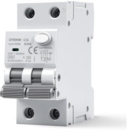 Jadeshay Disjoncteur différentiel 30mA 16A Type A 1P+N Interrupteur Différentiel RCBO 6KA AC 230V avec Protection contre les courants de fuite, les surcharges et les courts circuits