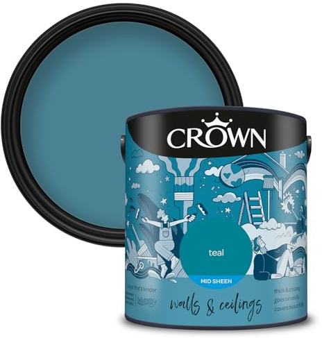 Crown WALLS & CEILINGS Teal Kitchen & Bathroom Paint, Mid Sheen 2.5L | Wipeable Teal, scuff resistant mid sheen. Durable on walls & ceilings. Condensation resistant. Low VOC & low odour