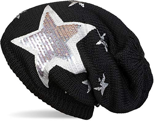 styleBREAKER Calda Cuffia Beanie in Maglia fine con Stampa Vintage a Stella all Over, Paillettes e Morbidissimo Rivestimento Interno in Pile, Slouch longbeanie, Unisex 04024091, Colore:Nero