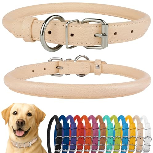 CollarDirect Rolled Leather Dog Collar, Soft Padded Round Puppy Collar, Handmade Genuine Leather Collar Dog Small Large Cat Collars Black Pink Red Purple Blue (Fits 16-20 Neck, Beige)