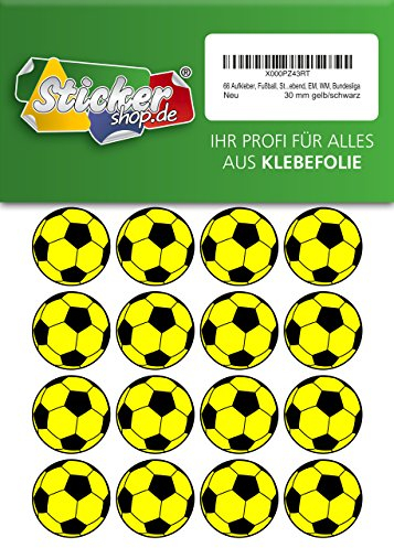 66 Aufkleber, Fußball, Sticker, 30 mm, gelb/schwarz, aus PVC, Folie, bedruckt, selbstklebend, EM, WM, Bundesliga
