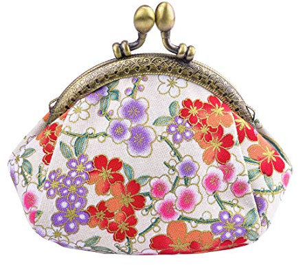 Oyachic Fleur Cerisier Porte Monnaie Floral Coin Purse Vintage Portefeuille Fermoir Clic Clac Femme Pièces Pochette en Toile Kiss Lock Change(Beige)