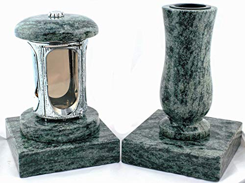 designgrab Grablampe aus verchromtem Aluminium und Grabvase und 2 Stück Sockel eckig in Granit Olive Green grün