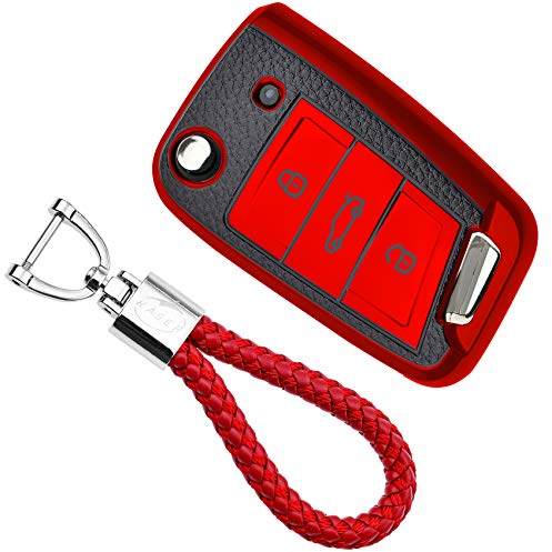 KASER Autoschlüssel Hülle kompatibel für Volkswagen VW Golf 7 Seat Ibiza Leon Skoda Octavia Schlüsselanhänger Abdeckung Silikon Schutzhülle Ledereffekt (Rot)