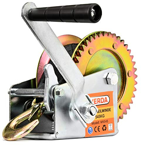 Verda Winde Seilwinde 545 kg, 7m Gurtwinde Handseilwinde Bootswinde Textilband Handkurbel mit Softgriff Sperrhebel(Gurtwinde 1200lbs)