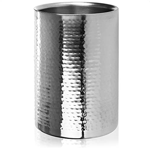 com-four® Flaschenkühler - Sektkühler - Eiswürfelkühler aus Edelstahl, Weinkühler - Eiswürfelkübel doppelwandig - Hammerschlag-Design (1 Stück - silberfarben/gehämmert)