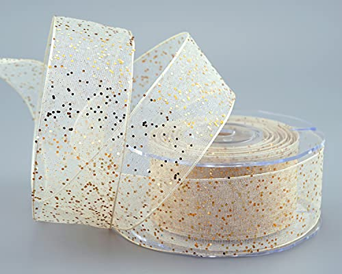 finemark 20 m x 40 mm Dekoband Glitzer Creme Gold Stoffband Transparent glänzend Organza mit Drahtkanten elegant Weihnachten Advent Geburtstag Premium Glitter Ribbon Chiffon Chiffonband Draht