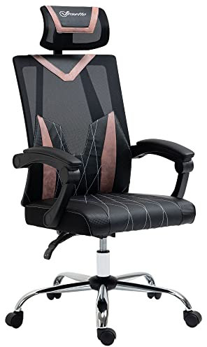 Vinsetto Sedia da Ufficio Ergonomica con Tessuto a Rete, Sedia da Scrivania con Rotelle, Supporto Lombare e Cervicale, Altezza Regolabile e Reclinazione, 58x62.5x112-120cm, Rosa