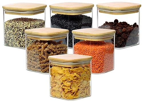 gouveo 6er Set Vorratsgläser 800 ml aus Borosilikatglas eckig mit Deckel - Aufbewahrungsgläser für Küche und Haushalt - Robuste Glasbehälter, Gewürzgläser, Vorratsdose (BGE800B)