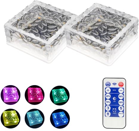 MEDOYOH 2er-Set Bunt Licht Solar Pflastersteine mit 12 Tasten Fernbedienung, 10x10x5CM On/Off Lichtsensor Wegbeleuchtung Wasserdicht Bodenstrahler Solar für Patio Garten Hof Weg Terrasse