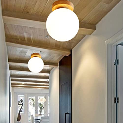 E27 moderne luminaire de couloir plafonnier en bois boule de verre blanche abat-jour lampe de plafond bureau, lampe d'escalier rétro, lustre cuisine créative chambre salon allée applique ronde Ø20cm