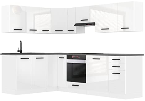 Belini Küchenzeile Küchenblock Küche L-Form Janet Küchenmöbel mit Griffe, Einbauküche ohne Elektrogeräten mit Hängeschränke und Unterschränke, mit Arbeitsplatten (Weiß Hochglanz)
