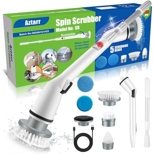 Aztarr Electric Spin Scrubber Cordless Shower Cleaner Bathroom Cleaning Brush Scrubbing with Tool Free Adjustable Extension Arm and 5 Replaceable Heads for Tile Tub Kitchen Floor Bathroom, White