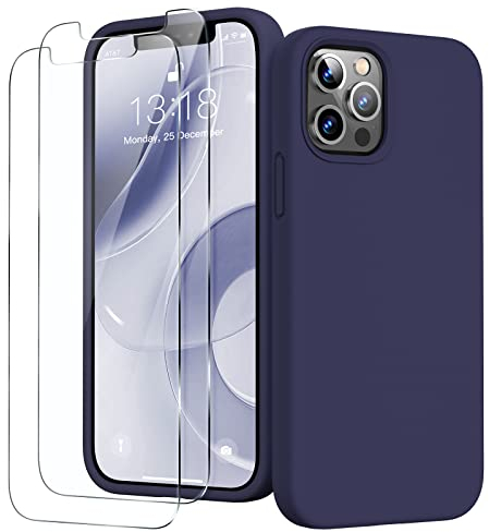 GOODVISH 3 in 1 for iPhone 12 Pro Max Case Liquid Silicone with 2x Screen Protector, Anti-Scratch Full covered Microfiber Lining Shockproof Protective Slim Phone Case Cover 6.7, Navy Blue