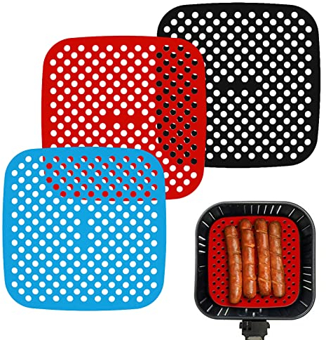 ZOCONE 3 Piezas Alfombrillas Freidora Aire, 8.5 Pulgadas Alfombrillas de Silicona para Freidora de Aire Cuadrada Reutilizable Rejilla Freidora Aire Accesorios Freidora Sin Aceite(Rojo Azul Negro)