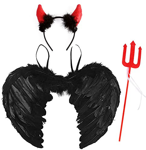 Alas de Angel Negro,Alas Demonio Niña,Alas Angel Plumas,Disfraz deAlas de Angel y Demonio,Disfraz de Alas de Ángel,Alas de Angel con halo para Halloween Carnaval Cosplay Fiesta Disfraces