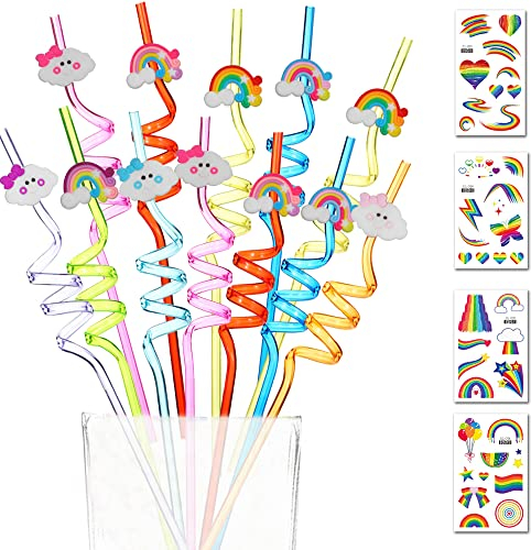 12 Stück Regenbogen Trinken von Plastikstrohhalmen+4 Temporäre Tätowierungen+1 Reinigungsbürste,Wiederverwendbare Trinkhalme für Geburtstagsparty Zubehör