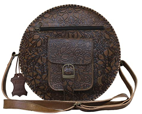 Madosh, Echtes Leder Runde Crossbody Tasche Frauen Blume Geprägte Braun Seite Crossover Sling Handtasche, Braun, Medium