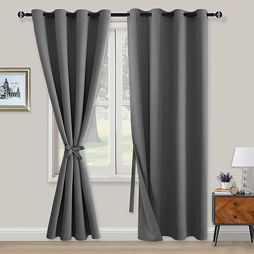 XWZO Blickdichte Vorhänge Verdunklungsvorhänge mit Ösen 2 Stücke Gardienen mit Raffhalter Lichtundurchlässige Vorhänge für Schlafzimmer,WonhzimmerBüro, 200x140 cm, Grau