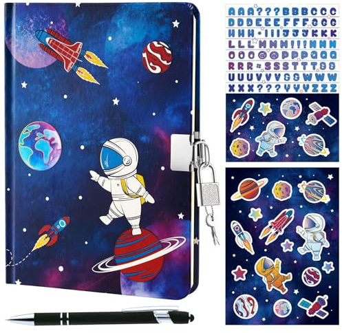 WERNNSAI, Diario luminoso per bambini con spazio, diario segreto con chiavi e lucchetto, quaderno con adesivi per penna, regalo di compleanno e Natale per ragazzi, diario per la scuola e i viaggi