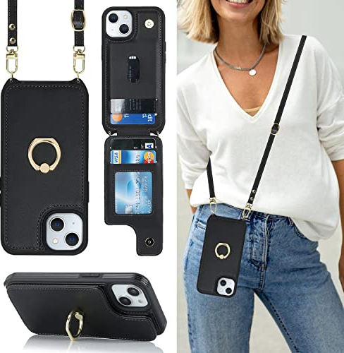Havaya Coque iPhone 14 avec Cordon RFID Porte Carte Portefeuille Étui iPhone 13 avec Cordon Anneau Telephone Portable Réglable Collier Housse Etui pour Femmes - Noir