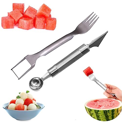 Srup 2 Piezas Cortador de Sandía, Cortador de Tenedor para Sandía 2 en 1, Tenedor Para Cortar Sandia en Cuadritos, Cortador de Sandia y Melon, 2 en 1 Tenedor Sandía Acero Inoxidable,Cortadora de Melón