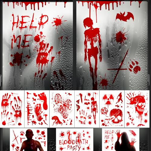 9 Blätter Halloween Blutige Fensteraufkleber, Halloween Bloody Handprints Fußabdrücke Aufkleber, Realistische Horror Fensterbilder Halloween Deko für Wände Spiegel Badewanne Spukhaus