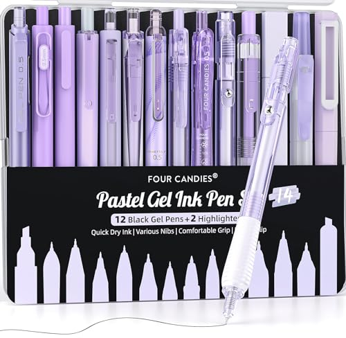 Four Candies Gel-Tintenstift-Set, 14-teiliges Stift-Set mit Etui, niedliche Notizen, 0,5 mm feine Spitze, einziehbar, 12 schwarze Tintenstifte mit 2 Textmarkern (Lila)