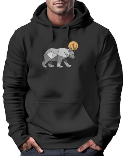 Neverless® Hoodie Herren Polygon Bär Mond Outdoor Wandern Natur Print Aufdruck Fashion Streetstyle schwarz M