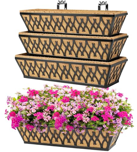 4 Pack 24 Inch Window Boxes Planters for Outdoor Plants Railing Planter Box with Adjustable Brackets for Windowsill Porch Fence Patio Hanging Flower Coco Baskets for Outside Decoration - Black