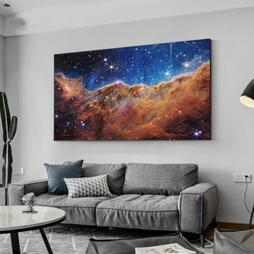 Carina Nebula Deep Field Leinwandgemälde, Poster, Kunst, James Webb, Weltraumteleskop, erste Bilder, kosmische Klippen, für Wohnzimmer, Dekoration, 40 x 80 cm (16 x 31 Zoll), mit Rahmen