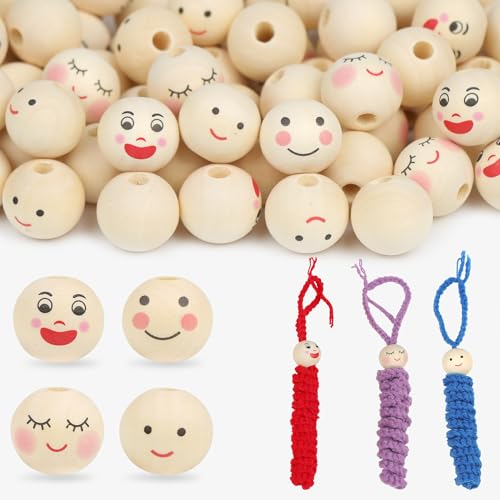 ROYUEXT 120 Stück Holzperlen mit Gesicht, Lächelndes Gesicht Kopf Perlen 20 mm mit Loch für Crafting Sorgenwürmchen, Natürliche Rund Perlen umfassen 4 Stile