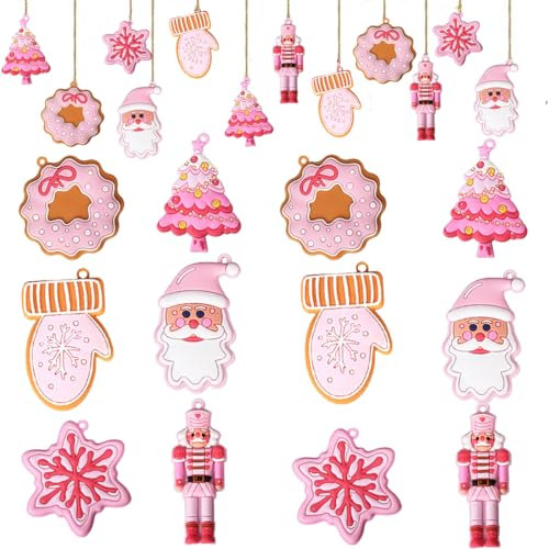 12 adornos colgantes para árbol de Navidad, color rosa, Papá Noel, copo de nieve, figuras de goma para invierno, fiesta de Navidad, dijes colgantes rosados, rellenos de calcetines, decoración de
