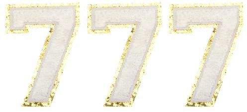 sourcing map Chenille Number 7 Patches 4-1/2 Inch Height Iron on Number 7 Patches Golden Glitter Embroidered Patches for Clothing, Shoes, Hats, Backpacks Pack of 3(White)