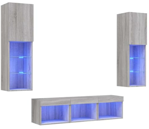 vidaXL Wohnwand 5-TLG., Schrankwand mit viel Stauraum, Anbauwand mit LED-Beleuchtung, Wandmontage Fernsehschrank Wohnzimmer Set, Grau Sonoma Holzwerkstoff