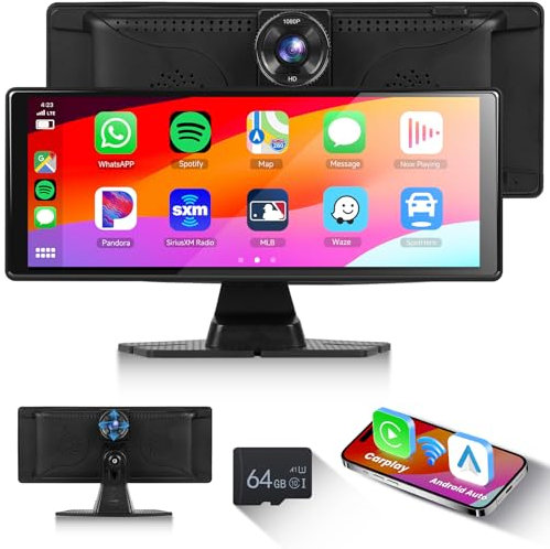 Hodozzy Portátil Carplay Inalámbrico Android Auto con Dash CAM Frontal, Pantalla Coche 10,26 Pulgadas IPS Pantalla Tactil,Radio Receptor con Grabación en Bucle,Mirror Link/Bluetooth/FM/AUX/64G TF