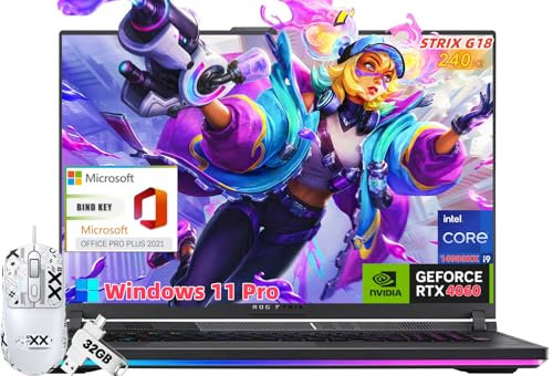 ASUS ROG Strix G18 Gaming Laptop, 18 240Hz WQXGA Display, i9-14900HX(24-core), GeForce RTX 4060, 64GB DDR5, 2TB SSD, RGB Backlit KB, Windows 11 Pro & Office Lifetime License, Mouse, 32 GB UFD
