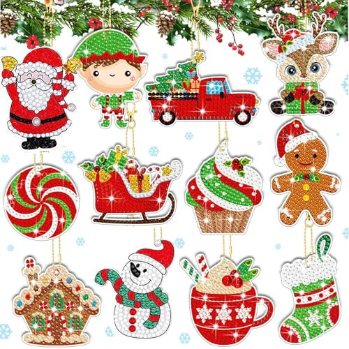 EFNHJF5 12 Stück Diamond Painting Weihnachten Anhänger, 5D DIY Schlüsselanhänger, Kinder Doppelseitige Weihnachten Deko (Rot)