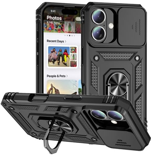 Hitaoyou iPhone 16 Case with Camera Cover & Kickstand, Military Grade Shockproof Heavy Duty Protective Case for iPhone 16 Black
