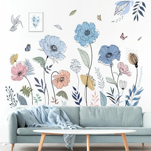 wondever Wandtattoo Boho Blumen Blau Wandaufkleber Bunte Blumen Retro Gras Schmetterling Wandsticker Wanddeko für Wohnzimmer Schlafzimmer Sofa Hintergrund