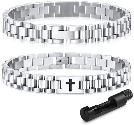 Armband Herren Edelstahl Kreuz Herrenarmbänder - Jesus Christus Kruzifix Männer Armband Einstellbar mit Knebelverschluss Geschenk für Sohn Papa Ehemann Bruder Konfirmation Weihnachten (Silber)