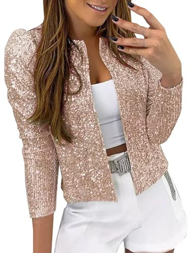 EMUKFD Cappotti da donna con paillettes aperto sul davanti, blazer serale, discoteca, feste, carnevale, scintillanti, a maniche lunghe, slim fit, Oro rosa, S