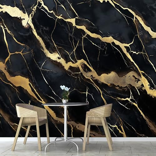 Papier Peint Panoramique Marbre Noir, 450×315cm papier panoramique mural poster geant Mural, 3D Rayures Dorées Papier Peint mural Pour Adolescents et Enfants