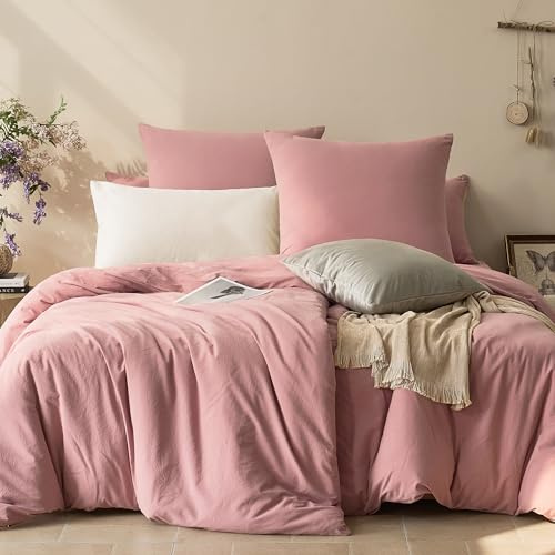JELLYMONI Bettwäsche 135x200 Baumwolle 4-Teilig Bettwäsche-Sets Rosa Oeko-Tex 100% Gewaschene Baumwolle 2 Bettbezüge mit Reißverschluss und 2 Kissenbezüge 40X80 mit Umschlag Weich