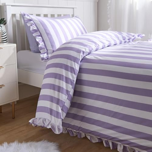 OHS Double Duvet Covers Stripe Frill, Ultra Soft Cosy Fabric Pastel Lilac Hue Stylish Striped Pattern with Ruffle Frill Edge Double Duvet Cover & Pillowcases, Lilac