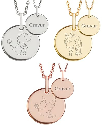 Amoonìc Kette Kinder personalisiert Halskette Mädchen Jungen mit Gravur | Ketten Anhänger Edelstahl mit Gravur Symbol (Einhorn, Regenbogen, Drache, Engel) Namen, Schmuck Geschenk Taufe