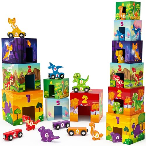 Atoylink Dinosaurier Stapelturm Baby, Stapelspiel Montessori Holzspielzeug mit 6 Stapelwürfel & 6 Dinosaurier & 6 Holz Eisenbahn Kinder, Lernspielzeug Motorikspielzeug Geschenke für Kinder ab 3 Jahren