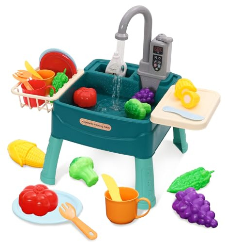 Play Sink with Running Water For Toddlers,Pretend Kitchen Toys for Kids with Tableware Accessories Vegetable Fruit,Pretend Role Play Dishwasher Toy with Tap,Gifts for Boys Girl (Green)