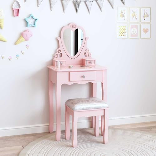 Luxstein Schminktisch Kinder | Schminktisch für Mädchen mit Spiegel und Hocker - Frisiertisch (Rosa)